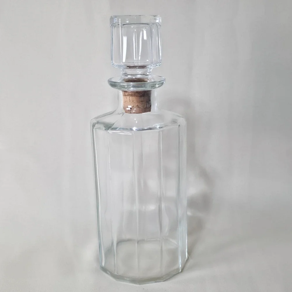 Vintage Bormioli Italy 12-Sided Faceted Dodecagonal Glass Decanter Cork Stopper